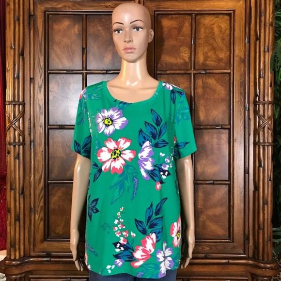 Iman Green Tropical Floral Print Jersey Top - Picture 3 of 16
